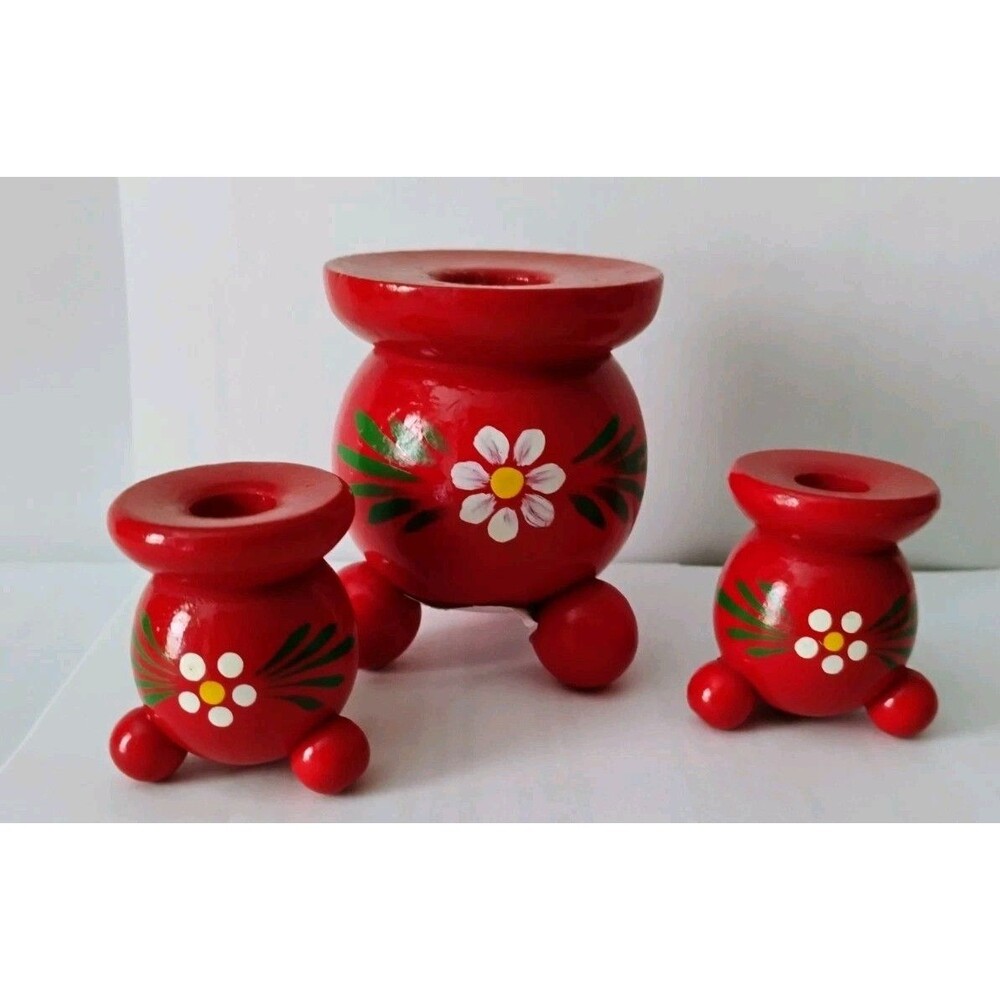 3 Vintage Swedish Wooden Candle Holders Red Folk Art Dala Ball Style hand paint
